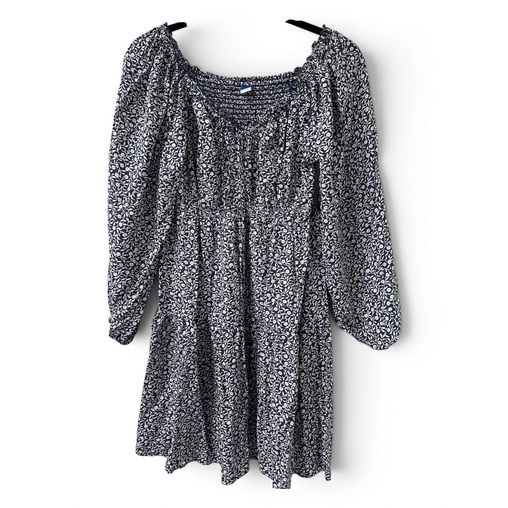 Boho Floral Smocked Dress Womens Small Blue Peasant Cottagecore Pockets